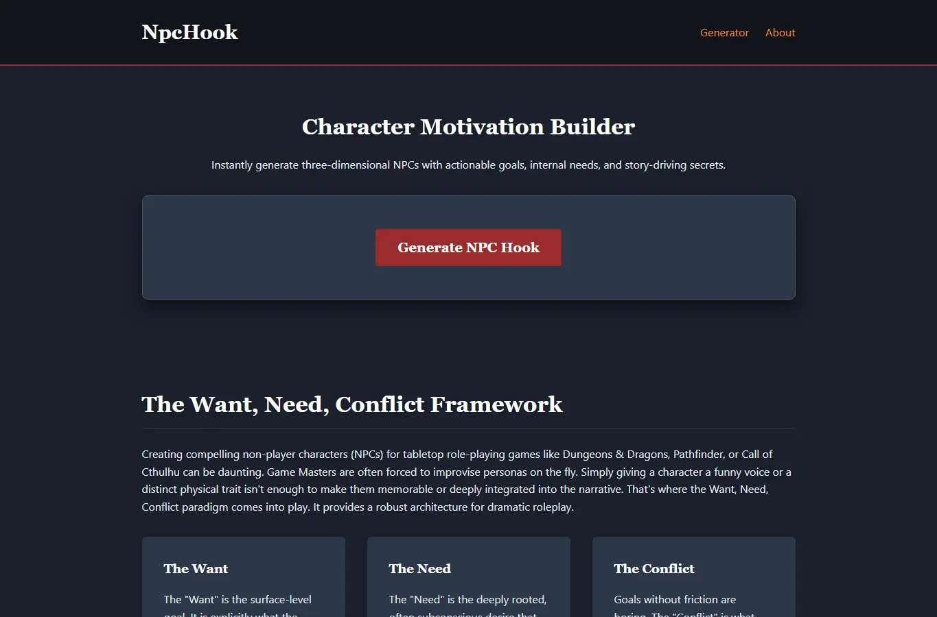 Screenshot of NpcHook: Fast Character Motivation Builder interface showing the project page in use